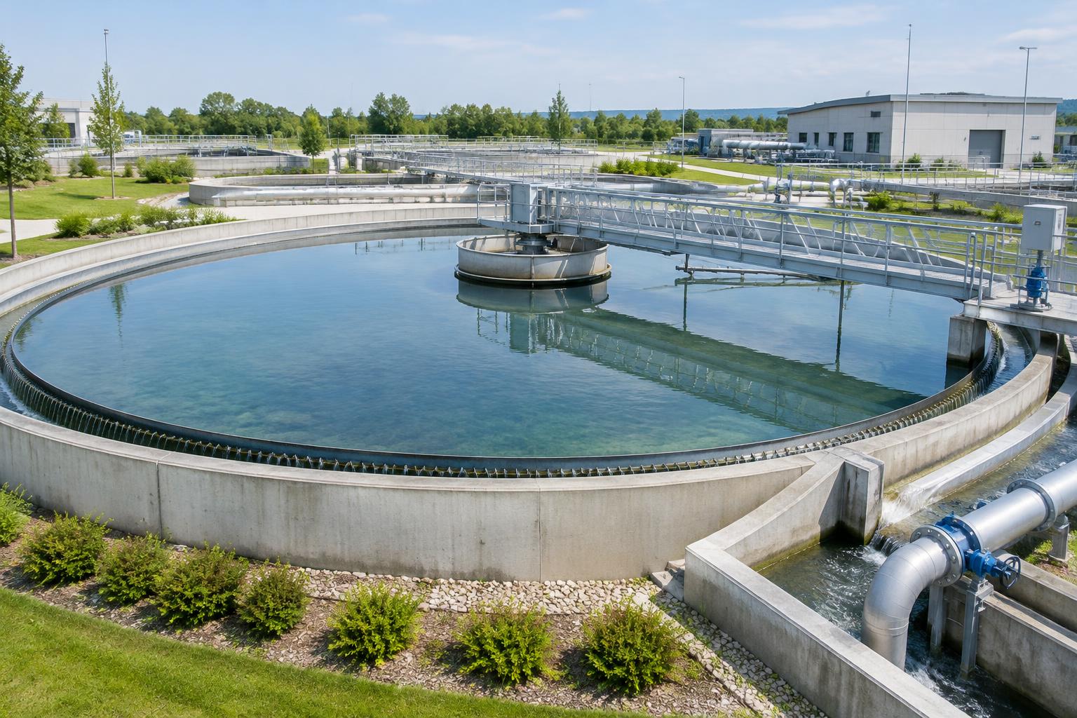 Illustrative water reclamation facility with a circular treatment basin